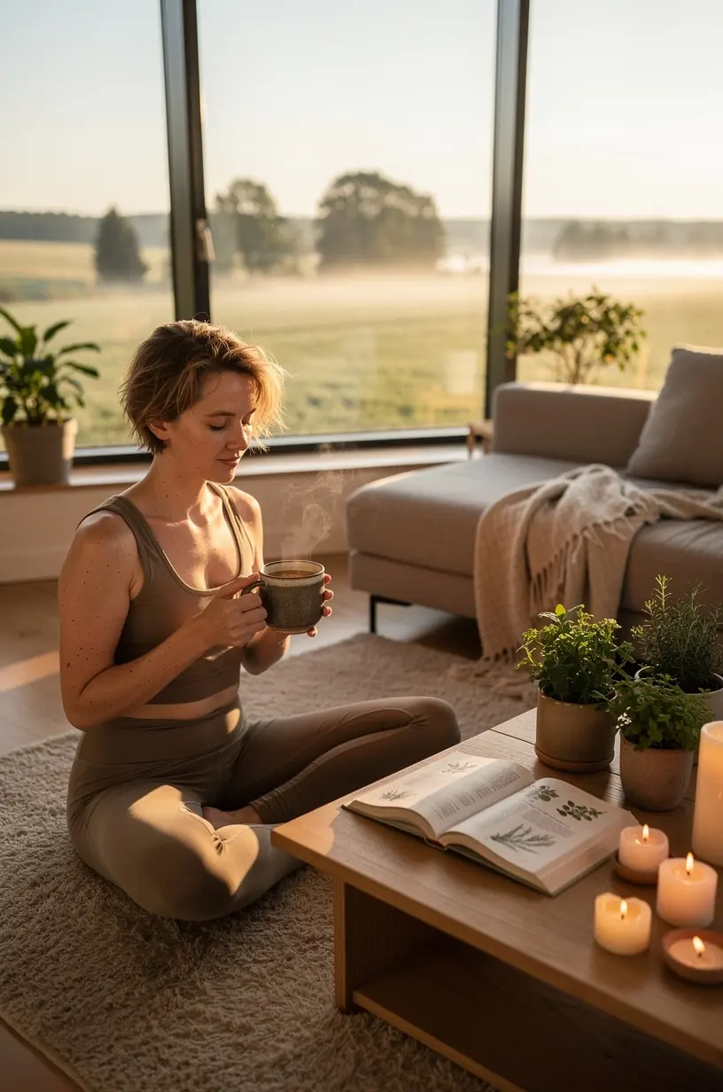 Šviežių žolelių arbatos puodelis ant medinio stalo, šalia natūralių žolelių ryšulėlių ir šilto apšvietimo, simbolizuojantis kasdienius arbatos ritualus ramybei.