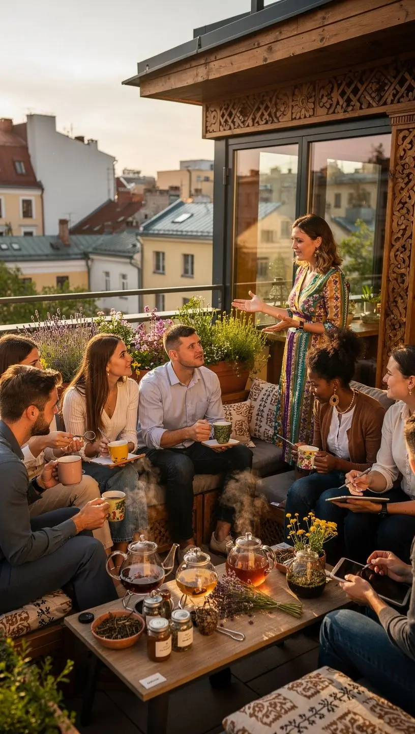 Artimas vaizdas į ranką, laikantį karštą žolelių arbatą, fone matomas jaukus namų interjeras, skatinantis švelnią atsipalaidavimo atmosferą.