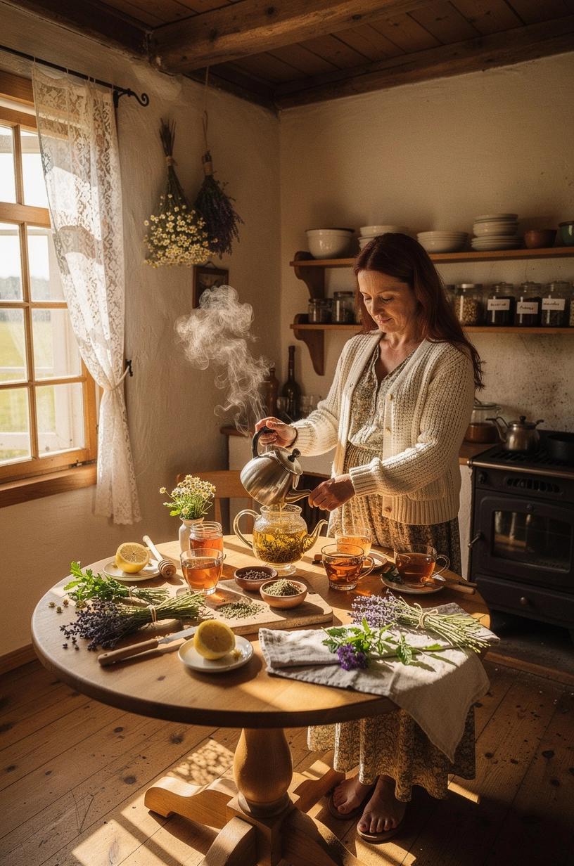 Švelni žolelių arbata puodelyje ant medinio stalo, supama ramios kasdienės arbatos ritualų atmosferos ir atsipalaidavimo akimirkos.